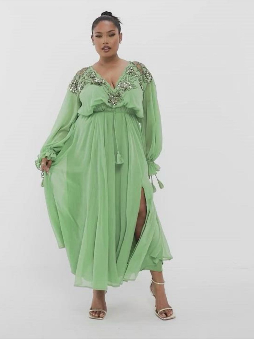 ASOS Curve Light Green Embellished V-Neck Maxi Dress